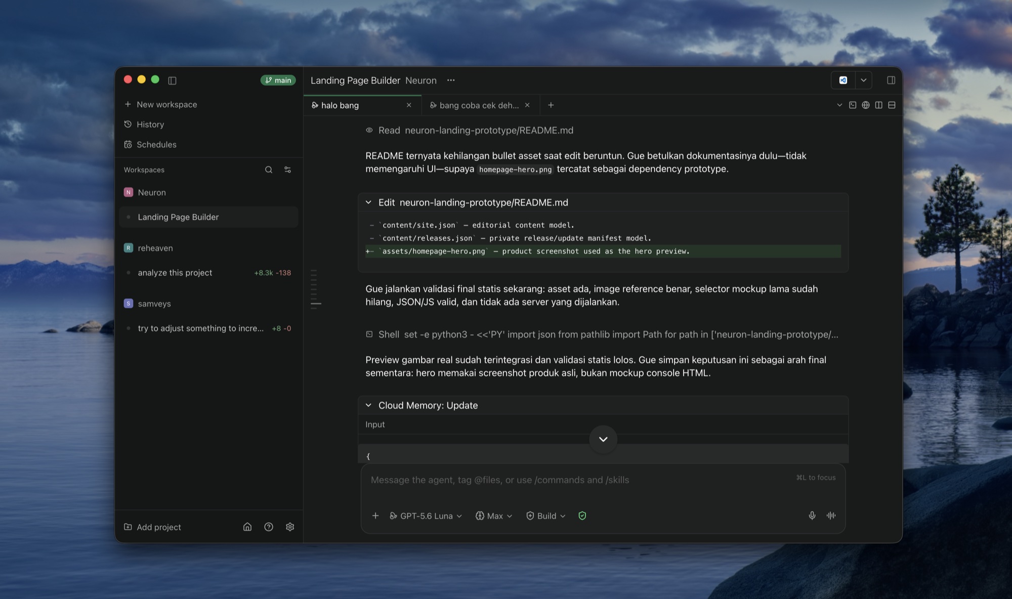 Neuron desktop workspace with a session running, parallel workspaces in the sidebar, and a diff open beside the conversation